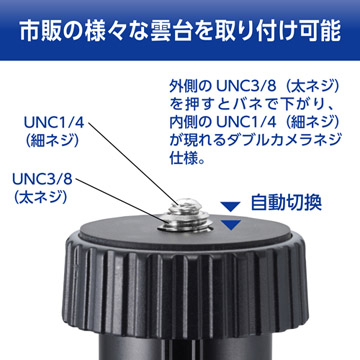 市販の様々な雲台を取り付け可能